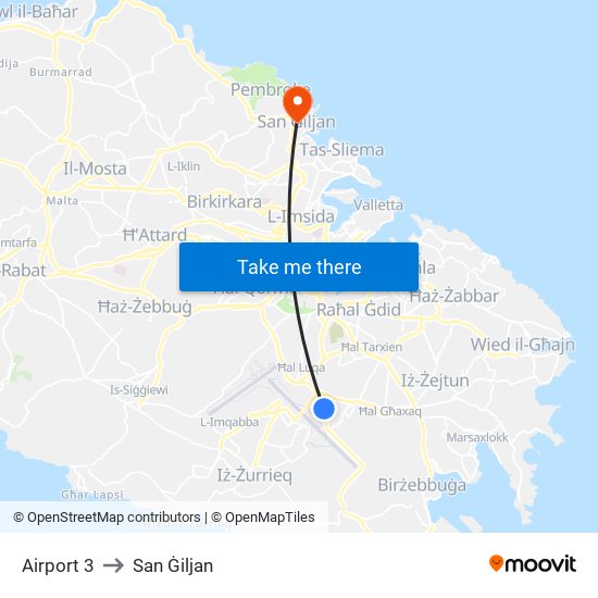 Airport 3 to San Ġiljan map