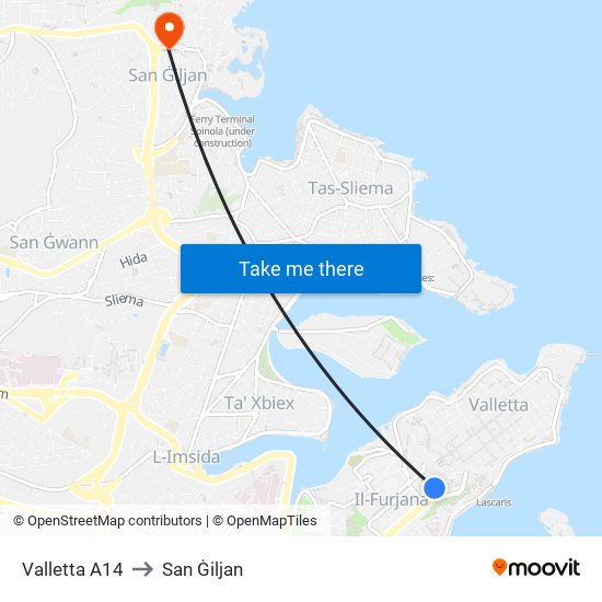 Valletta A14 to San Ġiljan map