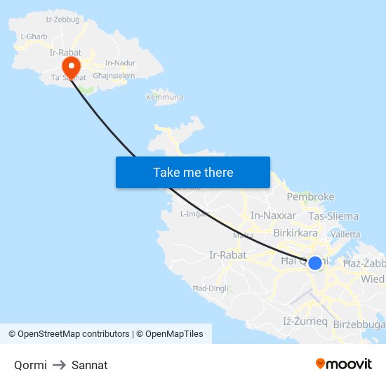 Qormi to Sannat map