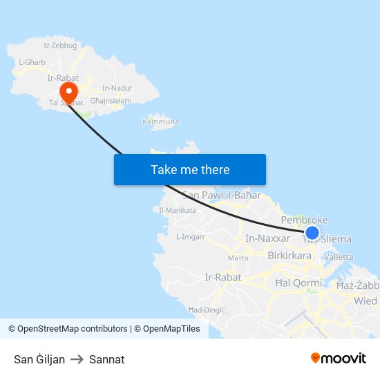 San Ġiljan to Sannat map