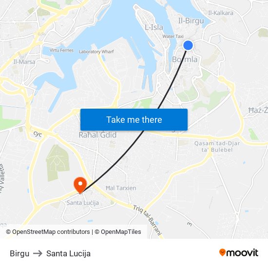 Birgu to Santa Lucija map