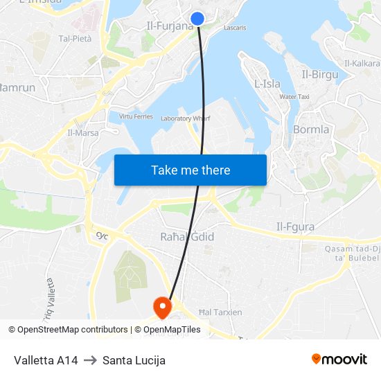 Valletta A14 to Santa Lucija map