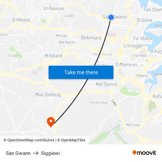 San Gwann to Siggiewi map