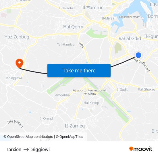 Tarxien to Siggiewi map