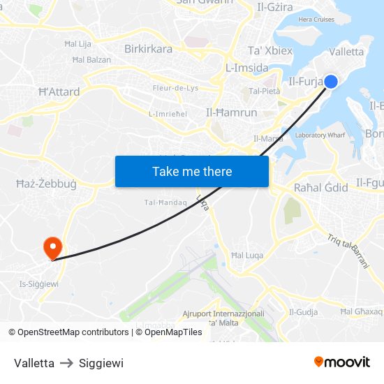 Valletta to Siggiewi map