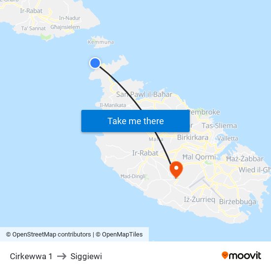 Cirkewwa 1 to Siggiewi map