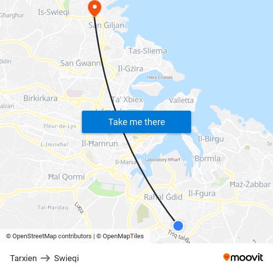 Tarxien to Swieqi map