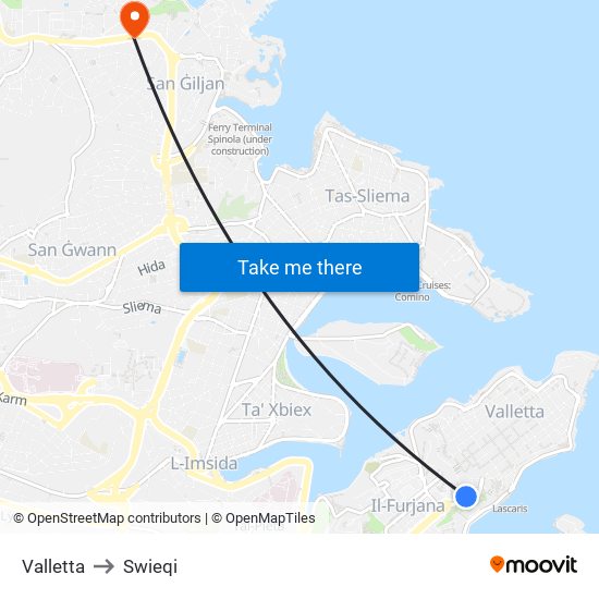 Valletta to Swieqi map