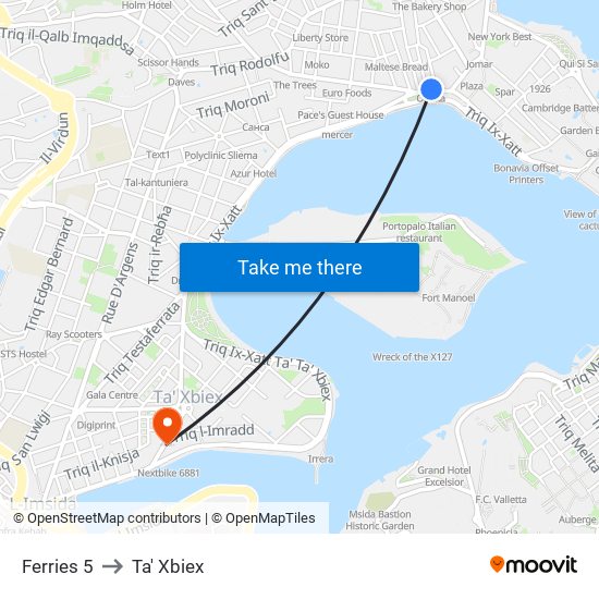 Ferries 5 to Ta' Xbiex map