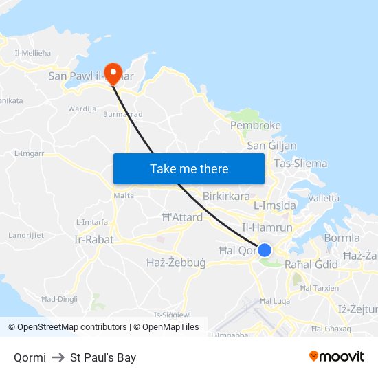 Qormi to St Paul's Bay map