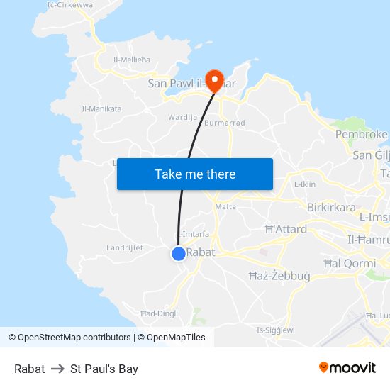 Rabat to St Paul's Bay map