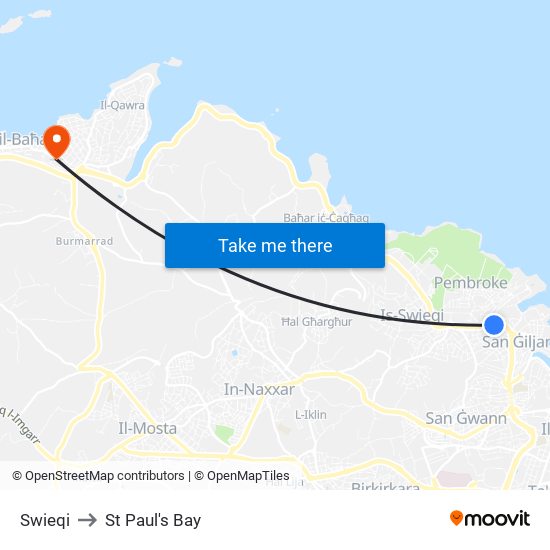 Swieqi to St Paul's Bay map