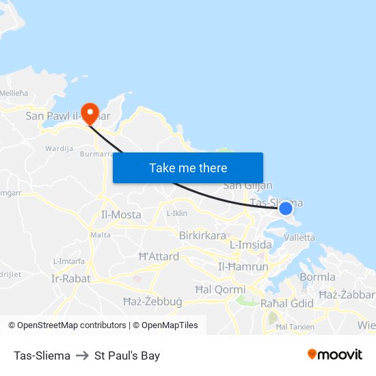 Tas-Sliema to St Paul's Bay map