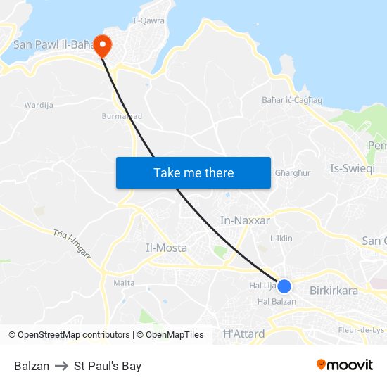 Balzan to St Paul's Bay map