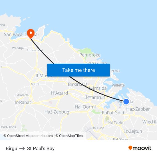 Birgu to St Paul's Bay map