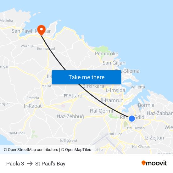 Paola 3 to St Paul's Bay map