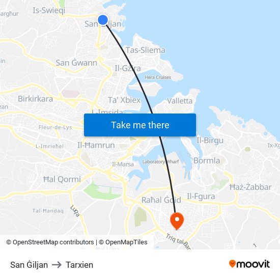 San Ġiljan to Tarxien map