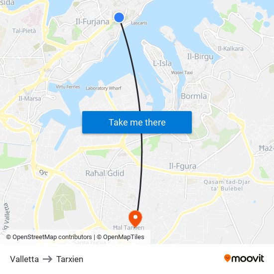 Valletta to Tarxien map