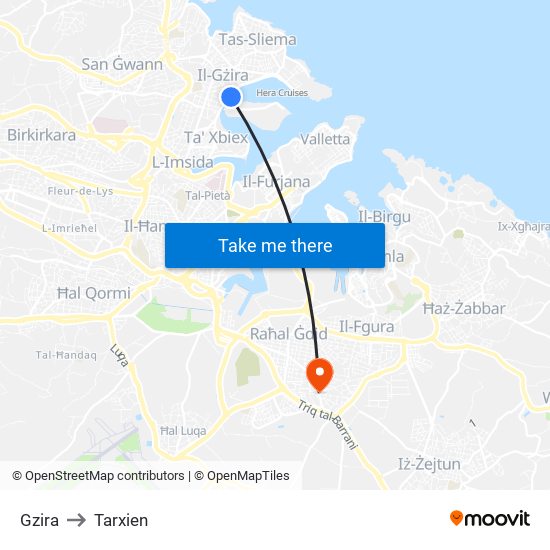 Gzira to Tarxien map