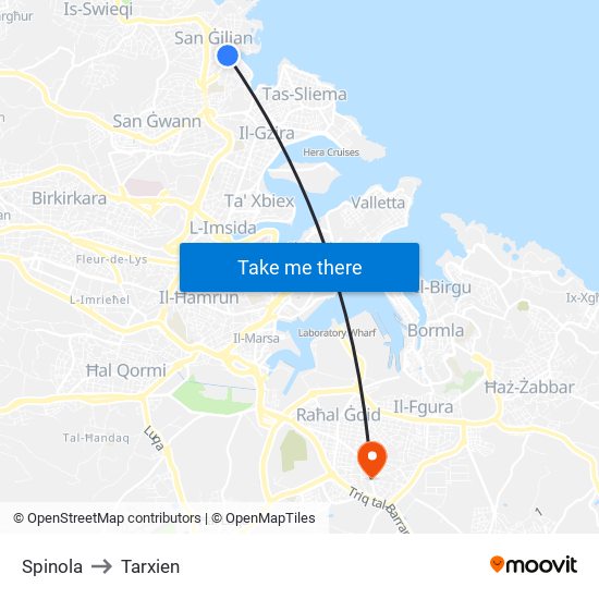 Spinola to Tarxien map