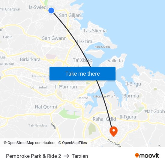 Pembroke Park & Ride 2 to Tarxien map