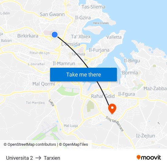 Universita 2 to Tarxien map