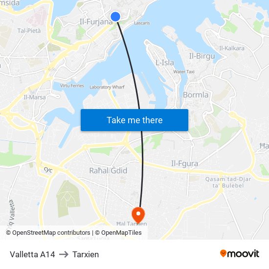 Valletta A14 to Tarxien map