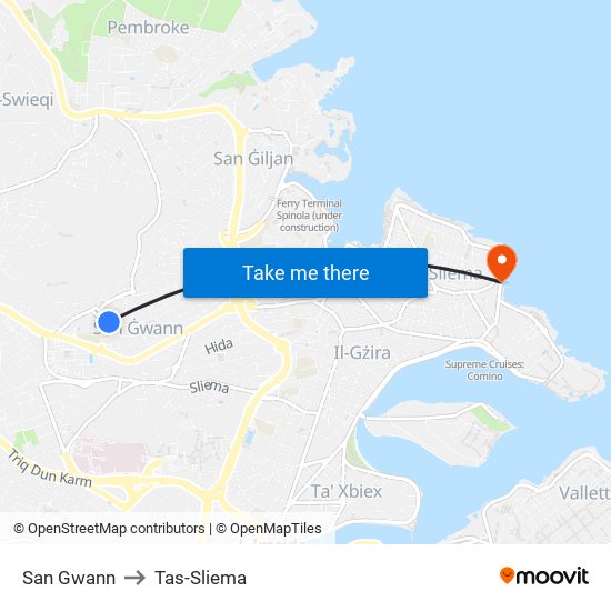 San Gwann to Tas-Sliema map
