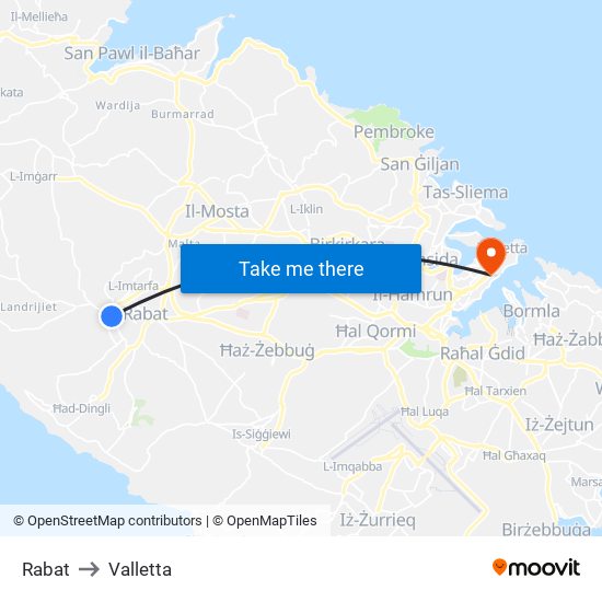 Rabat to Valletta map
