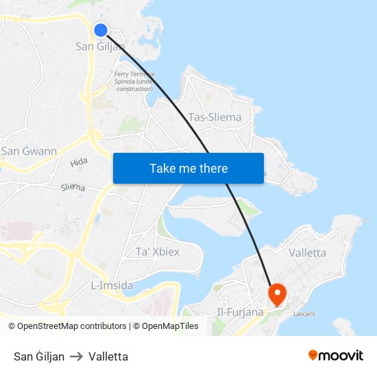 San Ġiljan to Valletta map