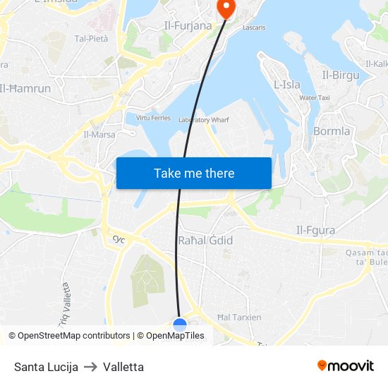 Santa Lucija to Valletta map