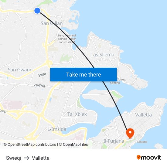 Swieqi to Valletta map