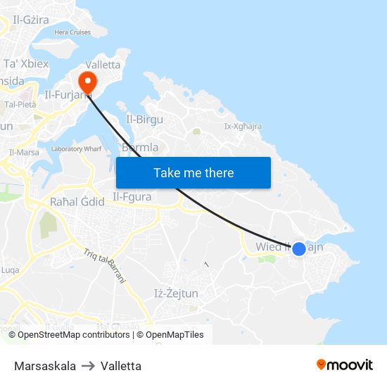 Marsaskala to Valletta map