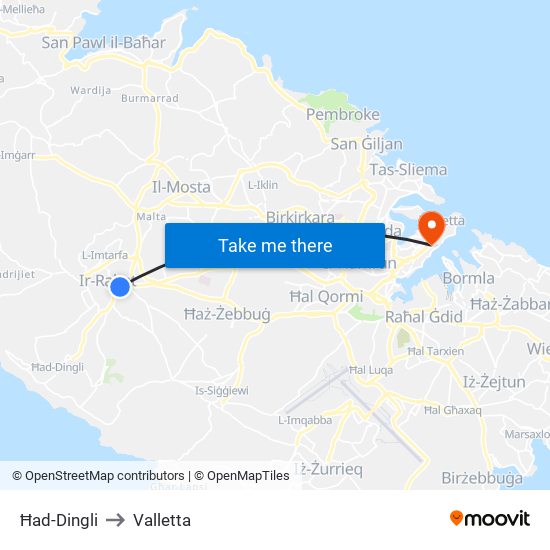 Ħad-Dingli to Valletta map