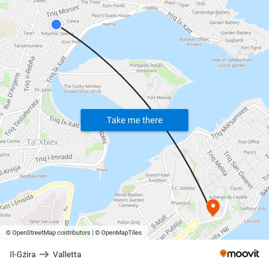 Il-Gżira to Valletta map