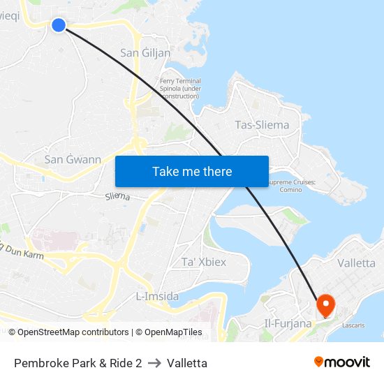 Pembroke Park & Ride 2 to Valletta map
