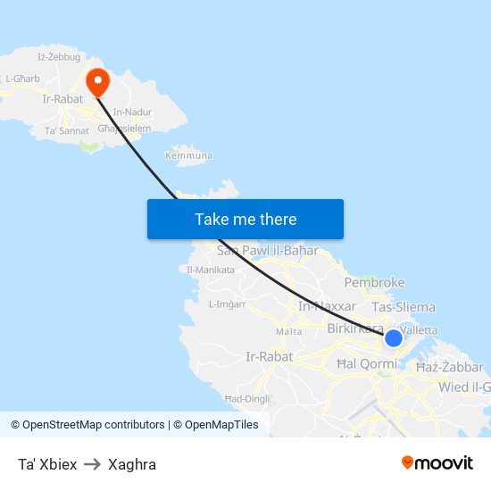 Ta' Xbiex to Xaghra map
