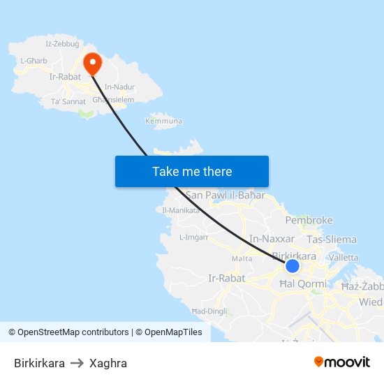Birkirkara to Xaghra map