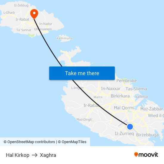 Hal Kirkop to Xaghra map