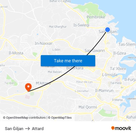 San Ġiljan to Attard map