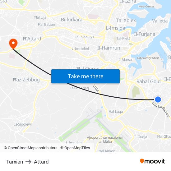 Tarxien to Attard map