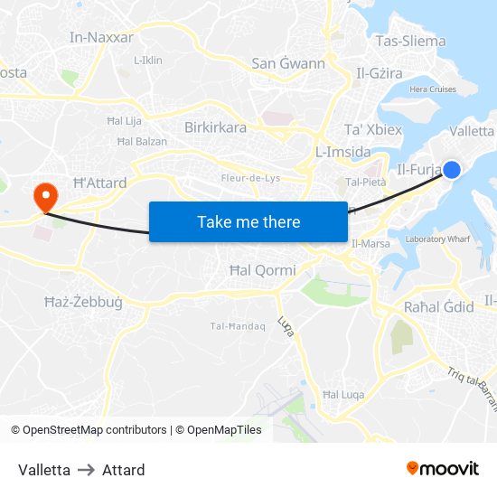 Valletta to Attard map