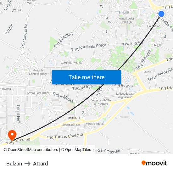 Balzan to Attard map