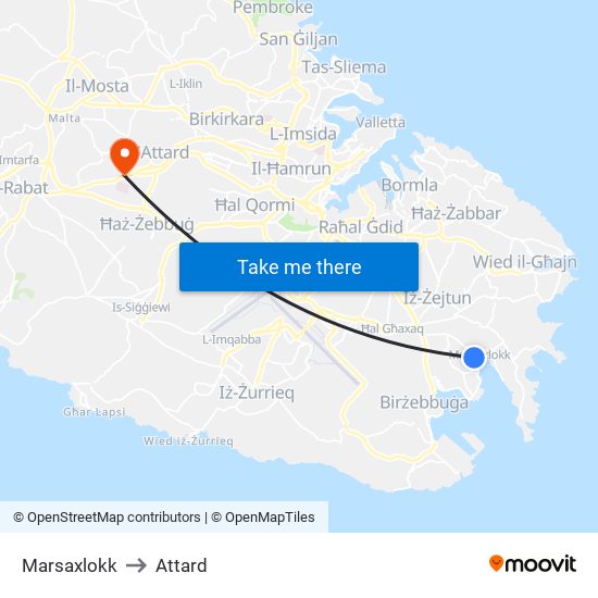 Marsaxlokk to Attard map