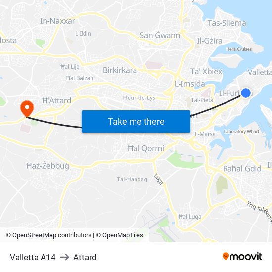 Valletta A14 to Attard map