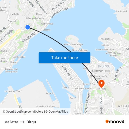 Valletta to Birgu map