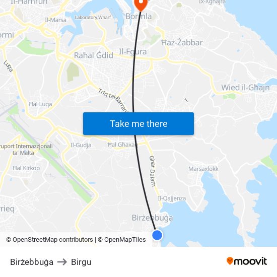 Birżebbuġa to Birgu map