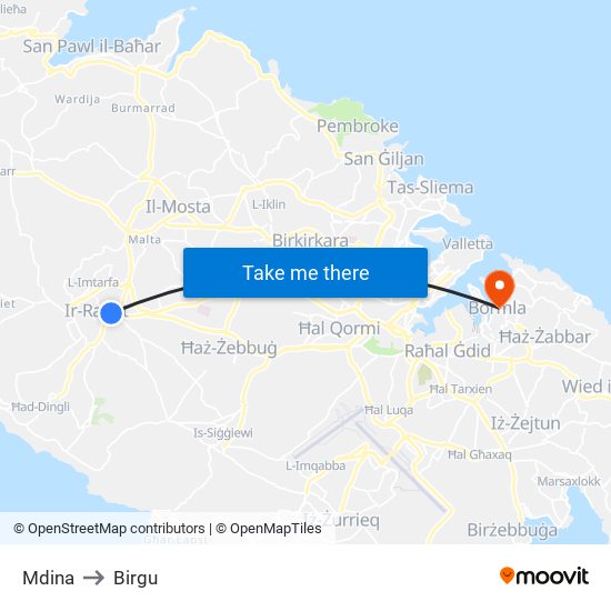 Mdina to Birgu map