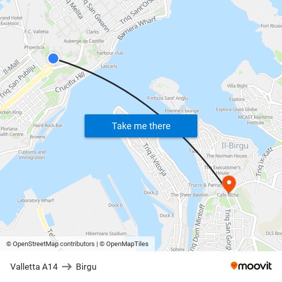 Valletta A14 to Birgu map