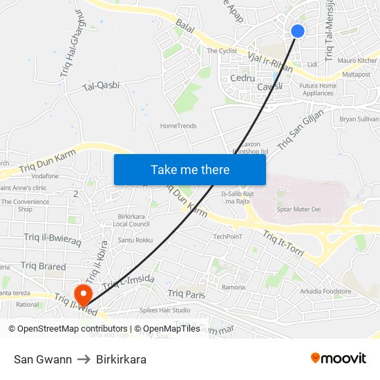 San Gwann to Birkirkara map